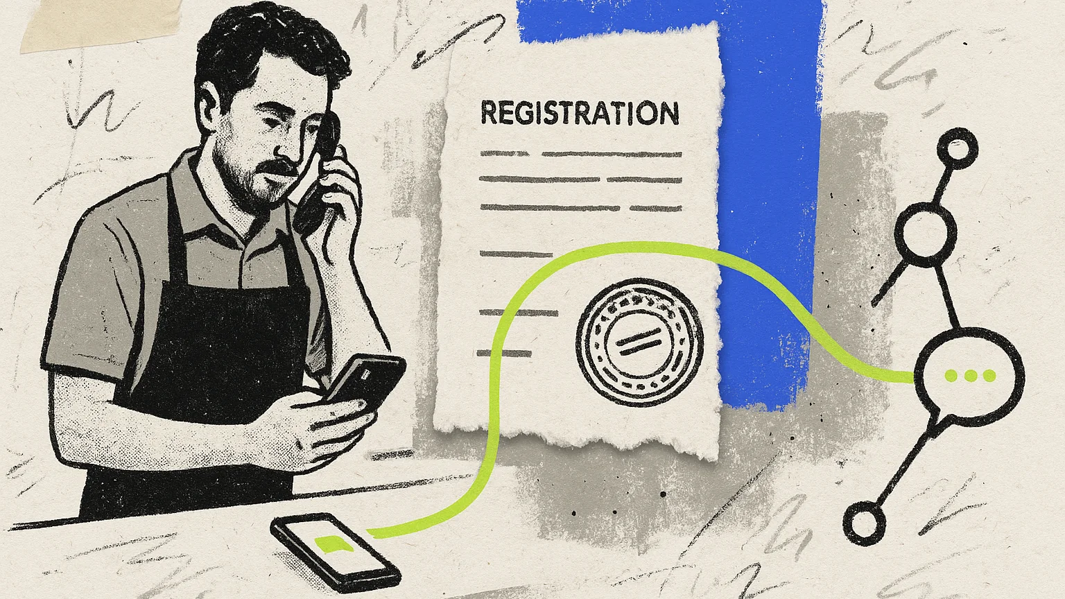 Illustration (editorial collage): editorial collage, an ink-and-photo-like shop owner at a counter on the left holding a phone, a torn paper registration form with a stamp cut and layered over it at center, a lime routing line carrying a small text bubble through cobalt-brushed network nodes on the right