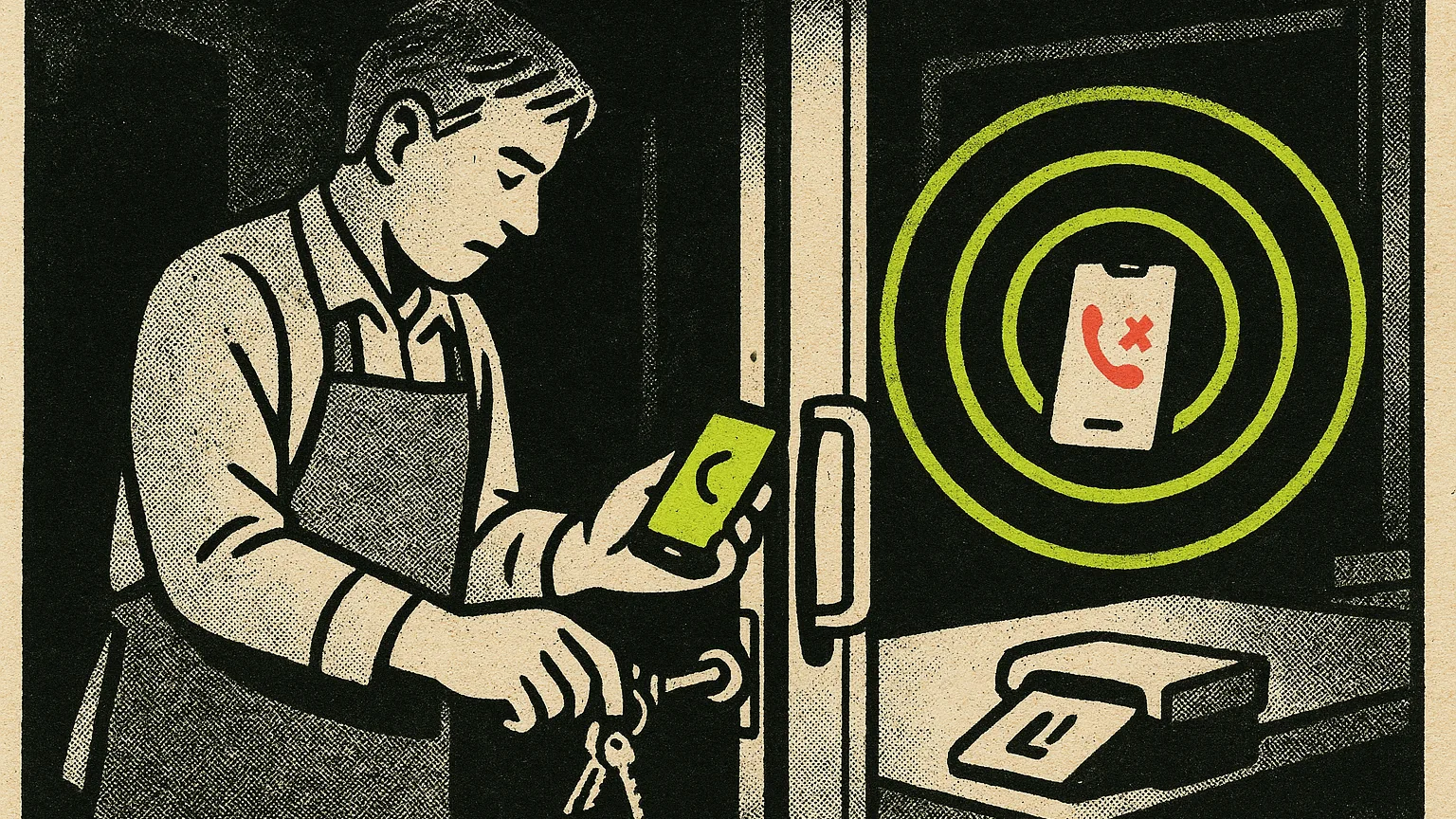 Illustration (risograph / screen print): risograph print of a shop owner turning the lock on a glass door at dusk, lime rings pulsing from the phone in their free hand, a coral asterisk over the missed-call icon on the screen, the shop's dark interior behind them