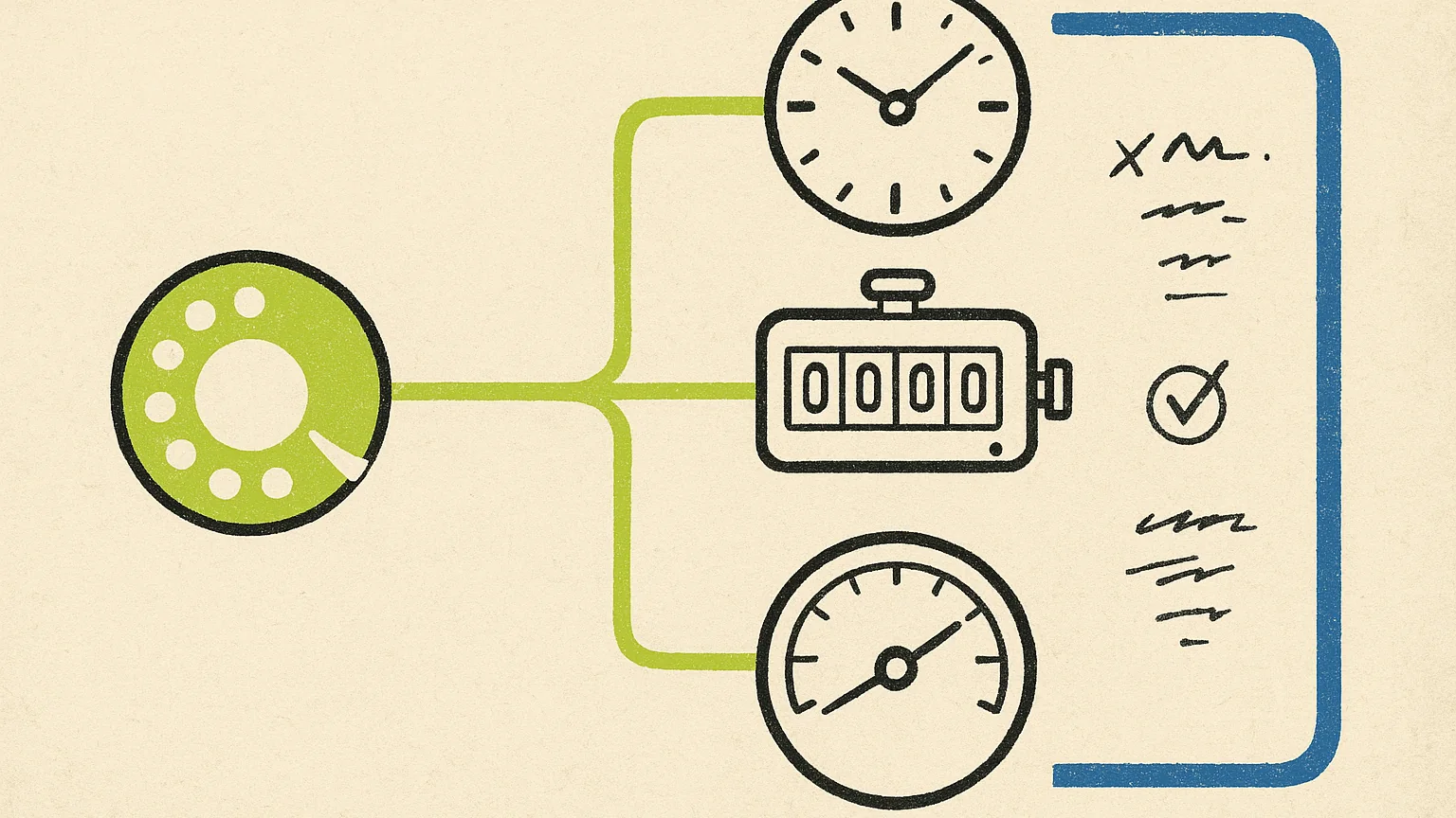 Illustration (graphic trade manual): graphic-trade-manual drawing of a single lime phone-call disc on the left branching along three thin lime lines into three labeled dials, a clock face, a tally counter and a flat gauge, bracketed together on the right by a cobalt callout line, on aged bone paper