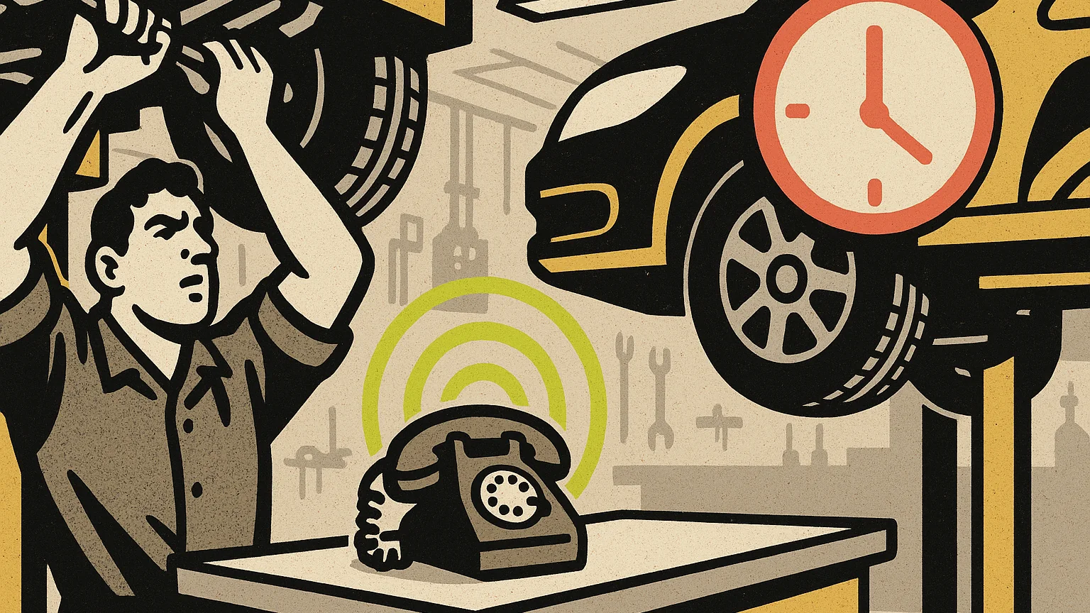 Illustration (modern editorial pop): modern-editorial-pop illustration, halftone mechanic under a car on a lift on the left hands full with the work, a ringing phone with lime pulsing rings on an empty service counter in the middle, a coral stalled-clock mark over the raised car on the right, shop bay lighting and tools throughout