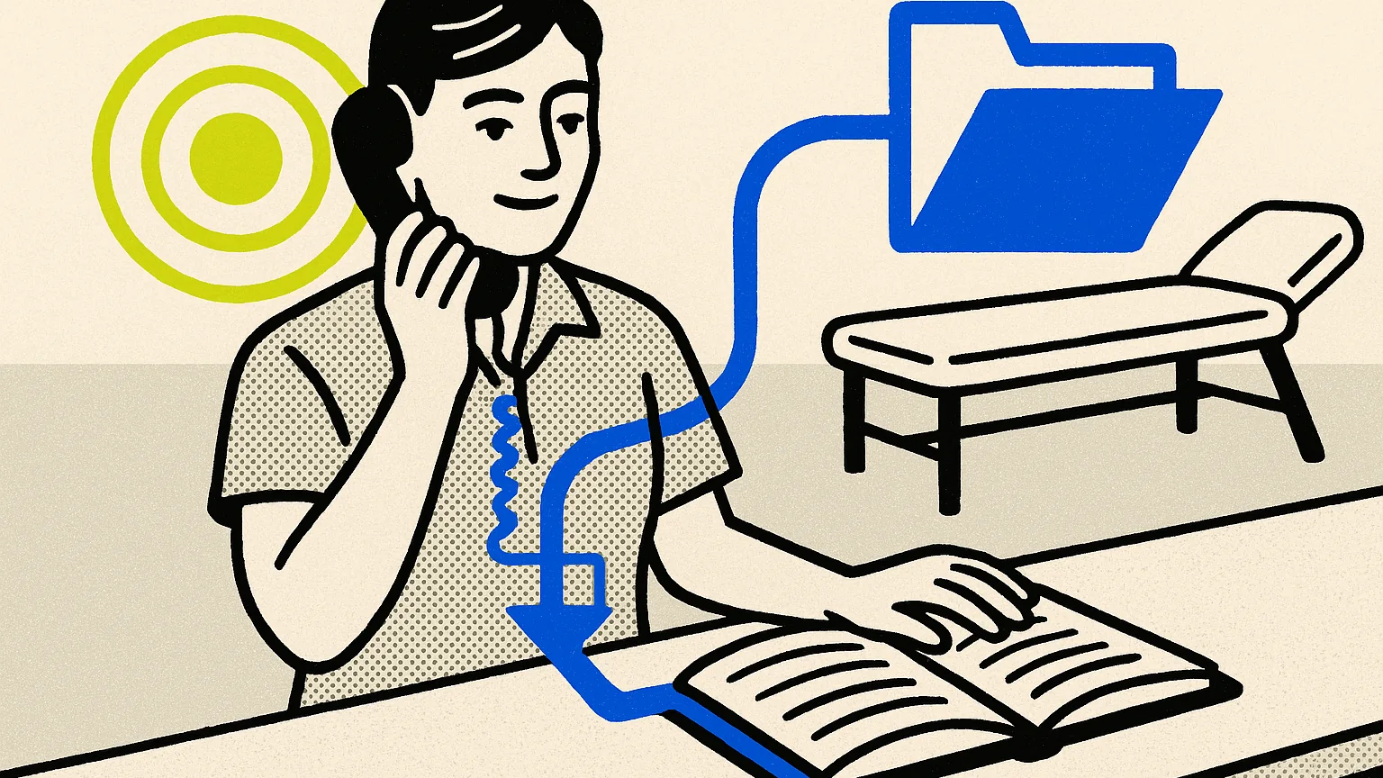 Illustration (modern editorial pop): modern-editorial-pop illustration, halftone front-desk staffer at a clinic counter on the left with an open appointment book, lime rings at the phone in one hand, a cobalt intake-file icon threading behind toward the book and a treatment table on the right, daylight halftone ground