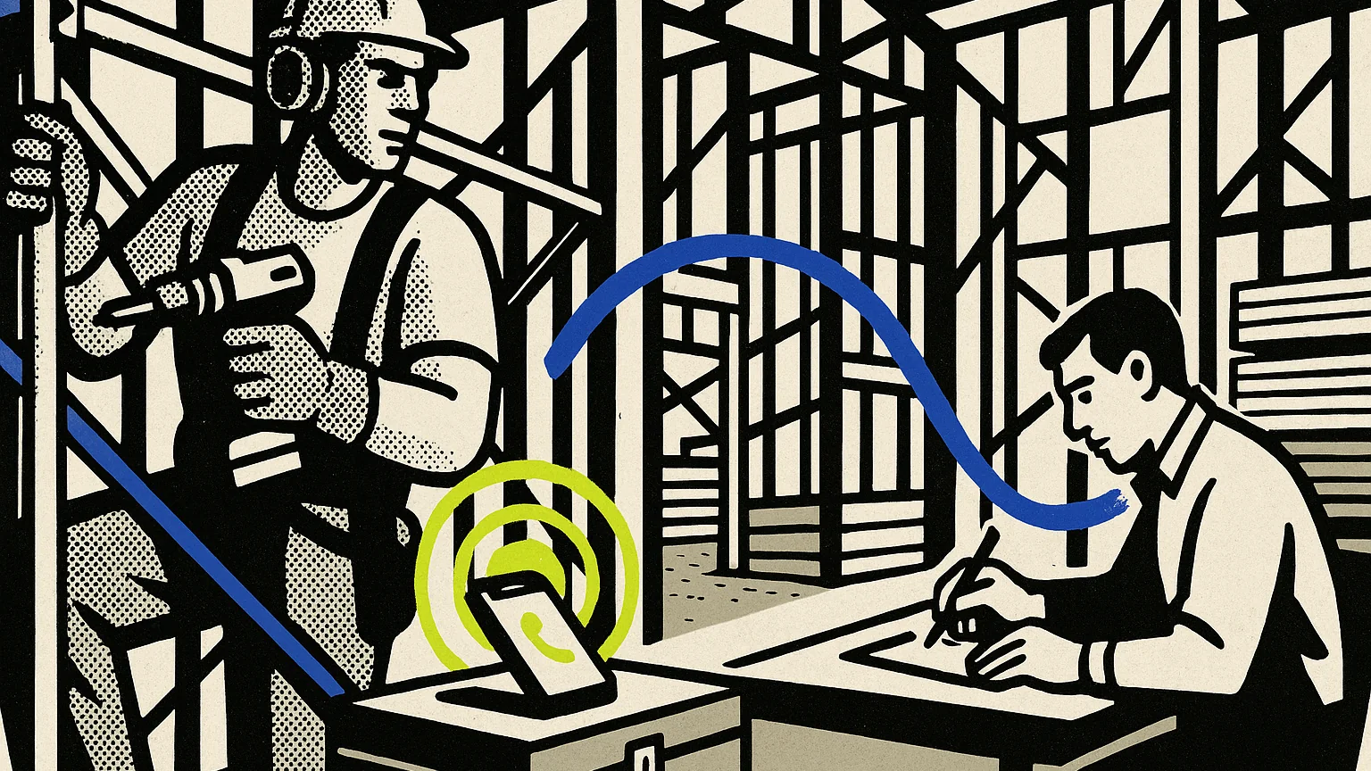 Illustration (modern editorial pop): modern-editorial-pop illustration, halftone construction worker on scaffolding on the left mid-task, gloves and ear protection on, a phone ringing face-up on a toolbox below with lime rings pulsing, a cobalt line arcing right toward a second figure at a desk taking the message, framed structure and stacked lumber filling the background