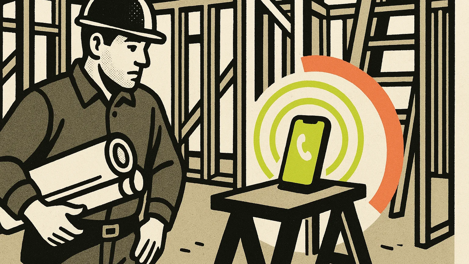 Illustration (modern editorial pop): modern-editorial-pop illustration, halftone contractor at a framed job site on the left, rolled blueprints under one arm, a phone lighting up on a sawhorse beside him with lime rings pulsing, a coral arc closing around the screen on the right, exposed framing lumber and a ladder filling the background