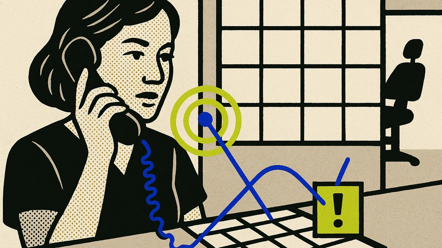 Bold halftone illustration: a dental front-desk worker on the phone, lime concentric rings beside her, and a cobalt line forking from the call into a grid of empty planner squares on one side and a single urgent mark on the other, with a treatment chair through the doorway behind.