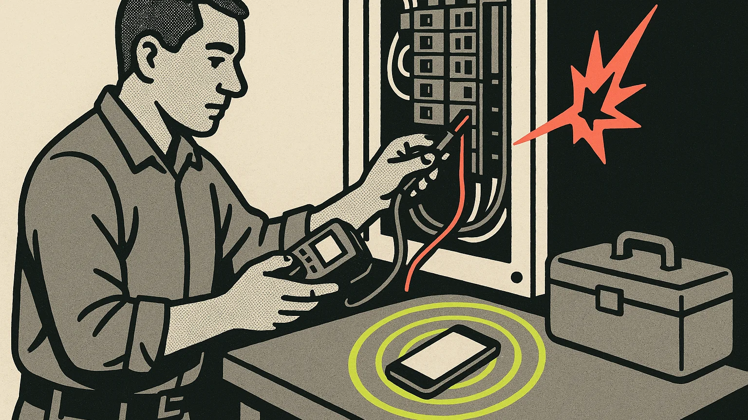 Illustration (modern editorial pop): modern-editorial-pop illustration, halftone electrician at an open panel on the left, tester in hand, lime rings pulsing from a phone on the workbench, a coral spark jumping from the panel on the right against a flat garage-dark background