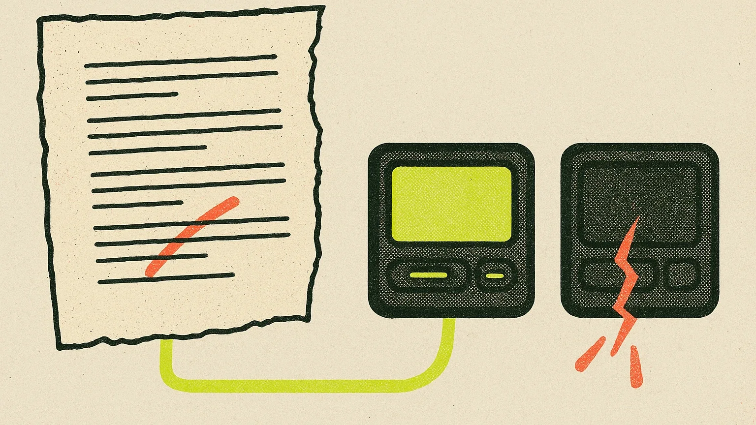 Risograph print: a torn contract page of ruled ink lines with one line struck through in coral, a lime routing line running from the page into a pager lit full, and a second identical pager beside it left dark with a coral crack across its face.