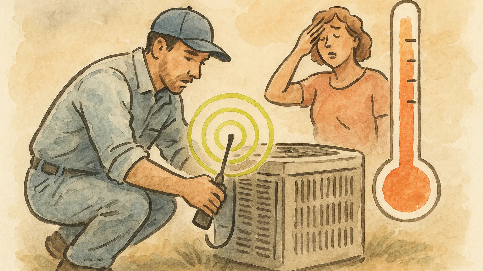 Illustration (watercolour + human moments): watercolour-and-ink illustration of an HVAC tech crouched at an outdoor condenser unit on the left, a homeowner standing at the edge of the frame fanning themselves in the heat, lime rings pulsing from the phone at the tech's belt, a coral gauge climbing into the red on the right against a hazy summer sky