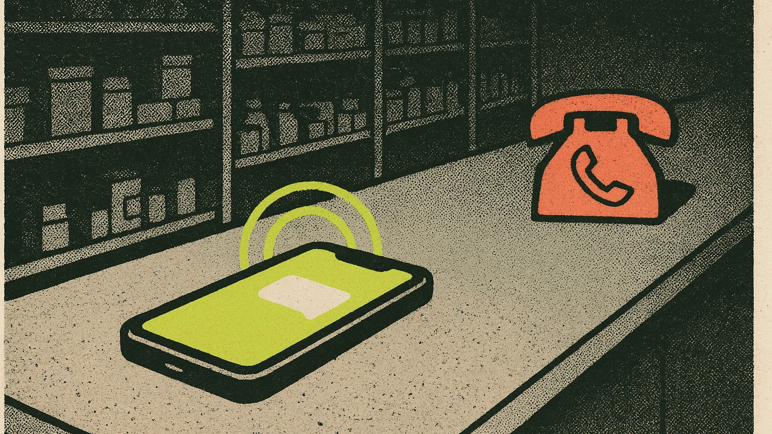 Illustration (risograph / screen print): risograph print of a phone face-up on a counter, screen lit lime with an outgoing text bubble, a second coral-outlined phone icon further back still ringing untouched, the shop's shelves fading into halftone dark behind both