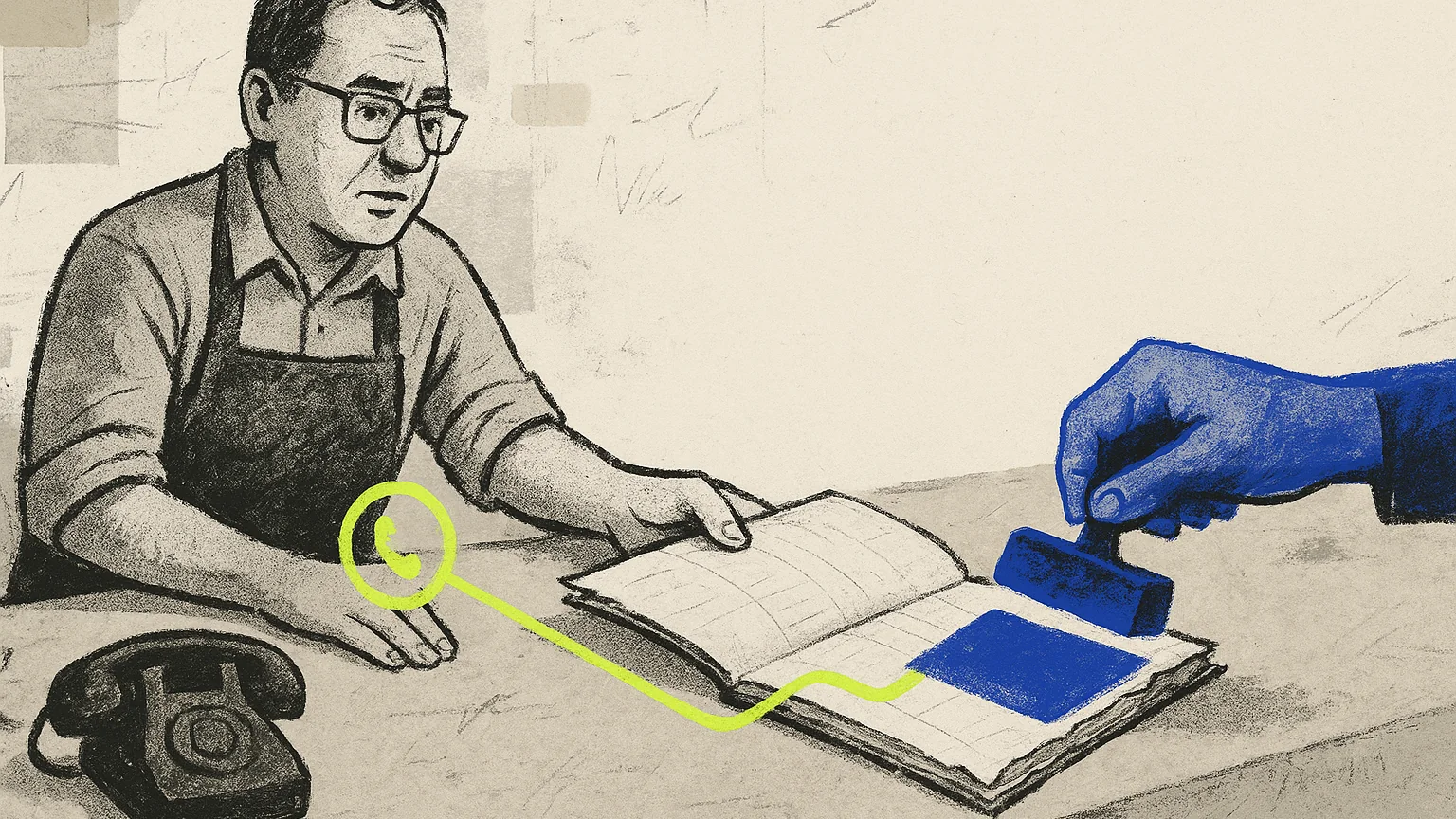Illustration (editorial collage): editorial collage of an owner at a counter sliding a ledger toward an unseen hand stamping it cobalt, a lime routing line running from a phone icon on the counter straight into the ledger's open page, the owner's side of the frame growing sparser toward the edge