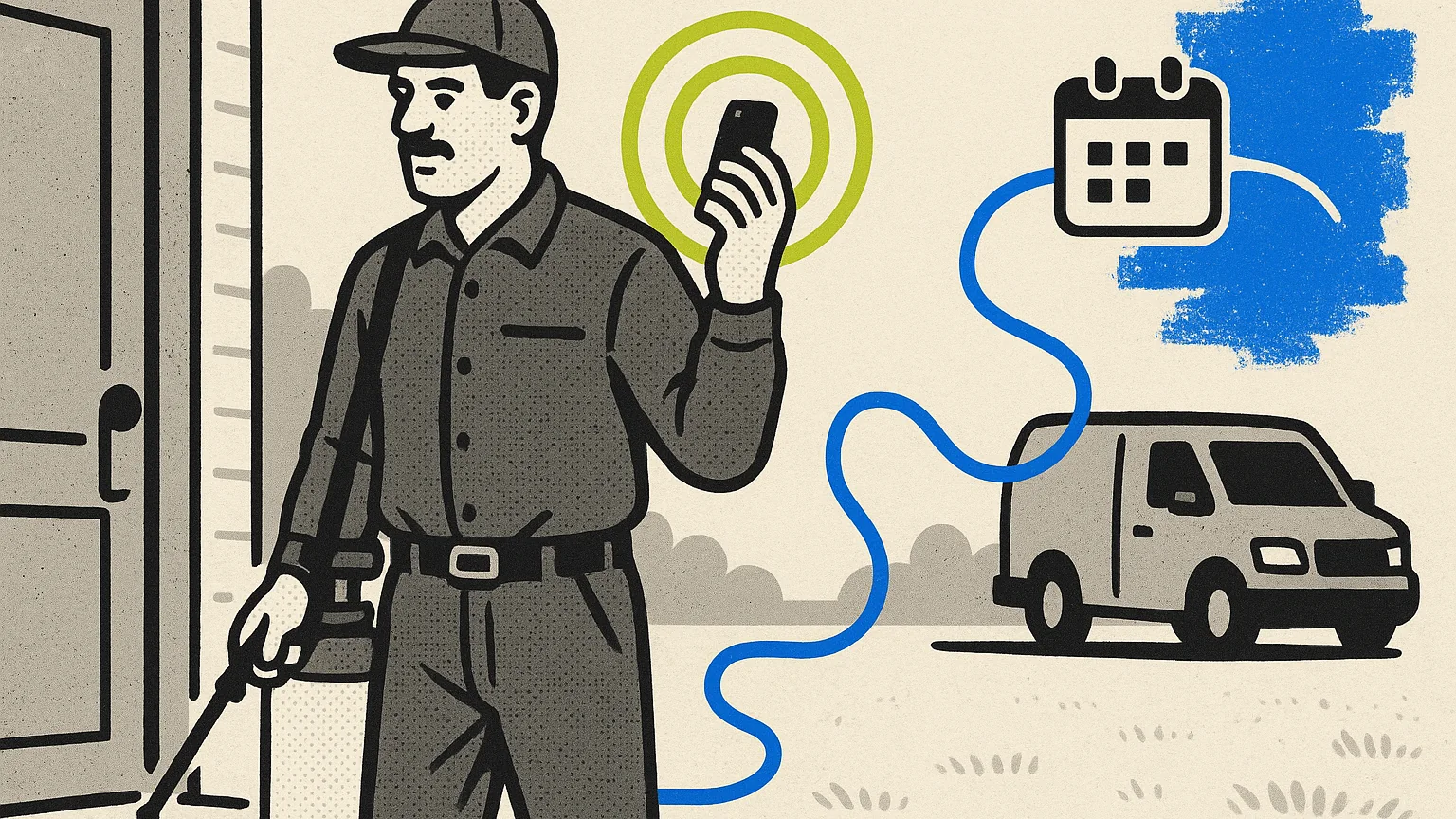 Illustration (modern editorial pop): modern-editorial-pop illustration, halftone technician at a front door with a spray tank on the left, lime rings at the phone in his free hand, a cobalt route-line and calendar block threading behind him toward a van on the right, daylight halftone ground