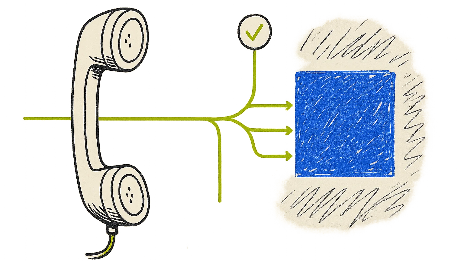 Illustration (graphic trade manual): graphic-trade-manual drawing of a handset on the left on aged bone paper, a lime line entering it and splitting into four branches, one branch marked by a small lime disc breaking away toward the top edge alone while the other three run into a rough cobalt block of gestural callout marks on the right