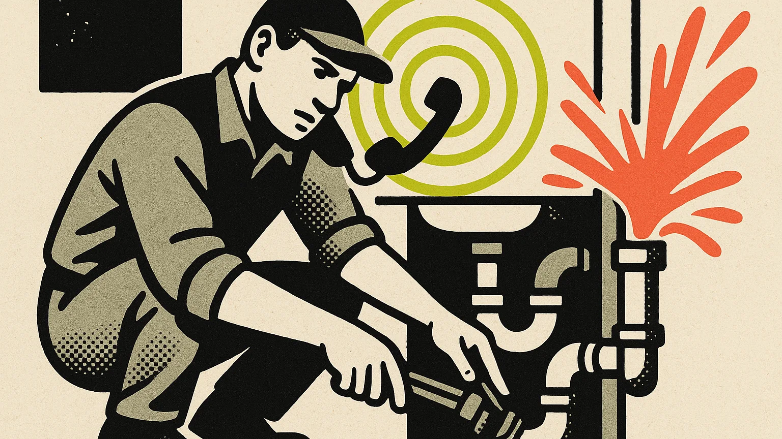Illustration (modern editorial pop): modern-editorial-pop illustration, halftone plumber crouched at an open pipe joint on the left with a phone braced at the shoulder, lime rings pulsing from the phone, a coral burst of water spraying from the joint on the right, dark night through a small window behind them