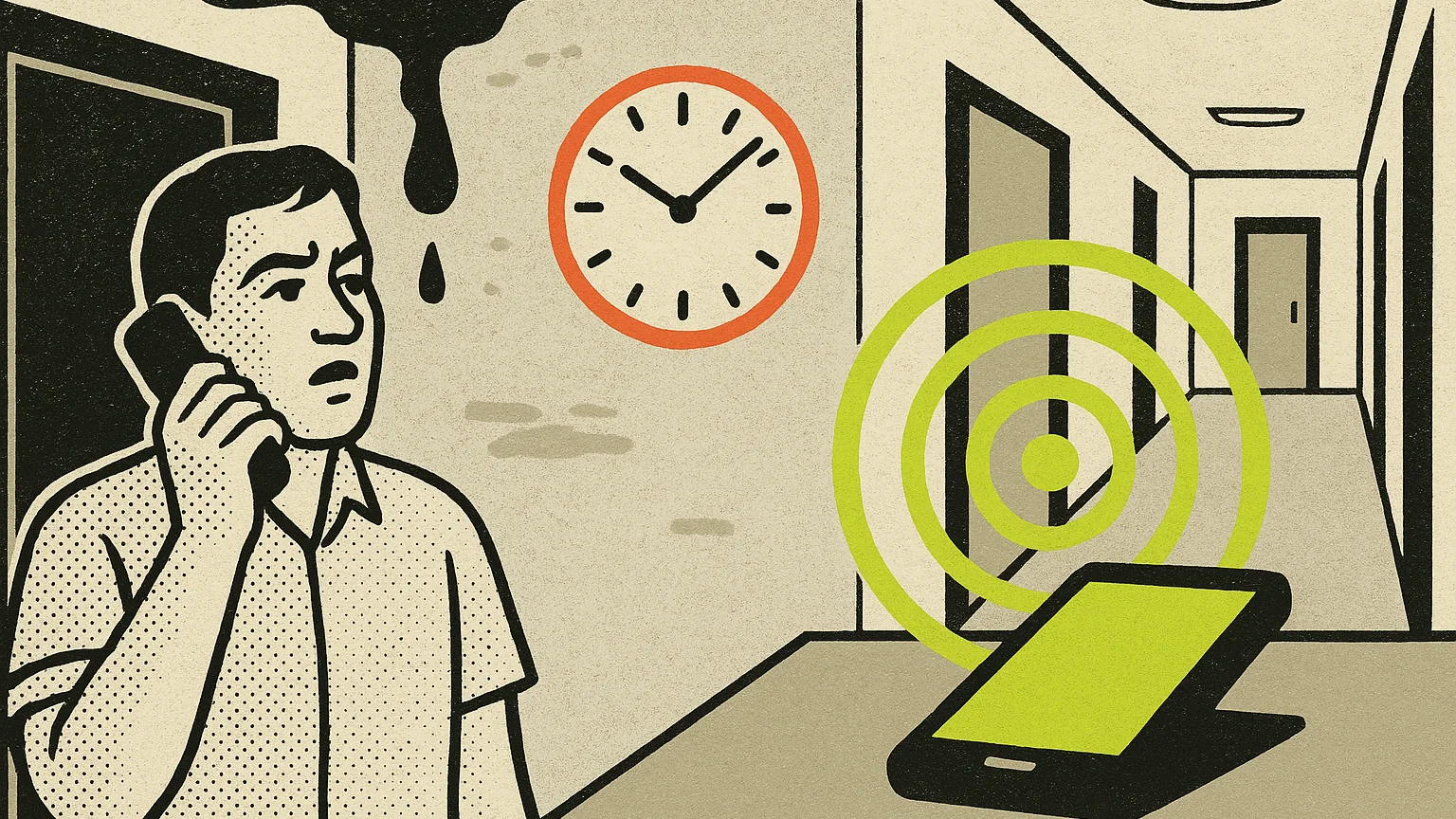 Illustration (modern editorial pop): modern-editorial-pop illustration, halftone tenant in a hallway on the left holding a phone to their ear with a water stain spreading across the ceiling behind them, lime concentric rings pulsing at a property manager's phone on the right sitting on a desk, a coral clock-face mark ticking between the two, paper-grain apartment corridor filling the background