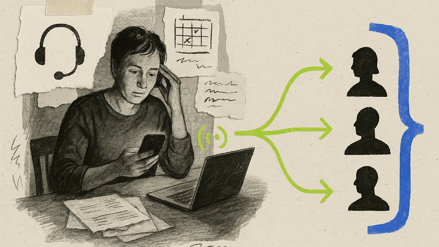 Illustration (editorial collage): editorial collage of an owner at a table, torn-paper fragments of a headset, a calendar page and a handwritten note arranged around them like evidence, a lime routing line threading from a phone icon out to three cut-paper figures, a cobalt brush bracket tying the three back together on the right