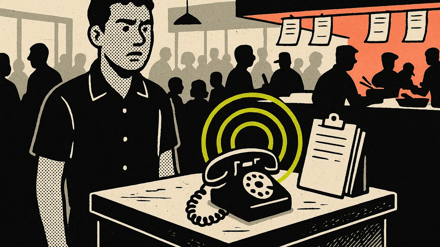Illustration (modern editorial pop): modern-editorial-pop illustration, halftone host at a packed host stand on the left mid-rush, order tickets and a ringing phone on the stand with lime rings pulsing, a coral glow across a ticket rail on the right, dining room and kitchen pass filling the background