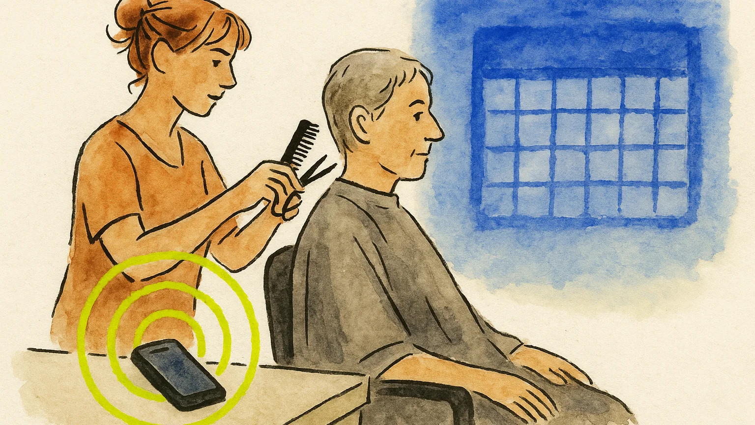 Illustration (watercolour + human moments): watercolour-and-ink illustration, a stylist cutting a seated client's hair on the left in warm wash colour, lime rings at a phone ringing on the counter beside them, a loose cobalt calendar shape bleeding into the background on the right