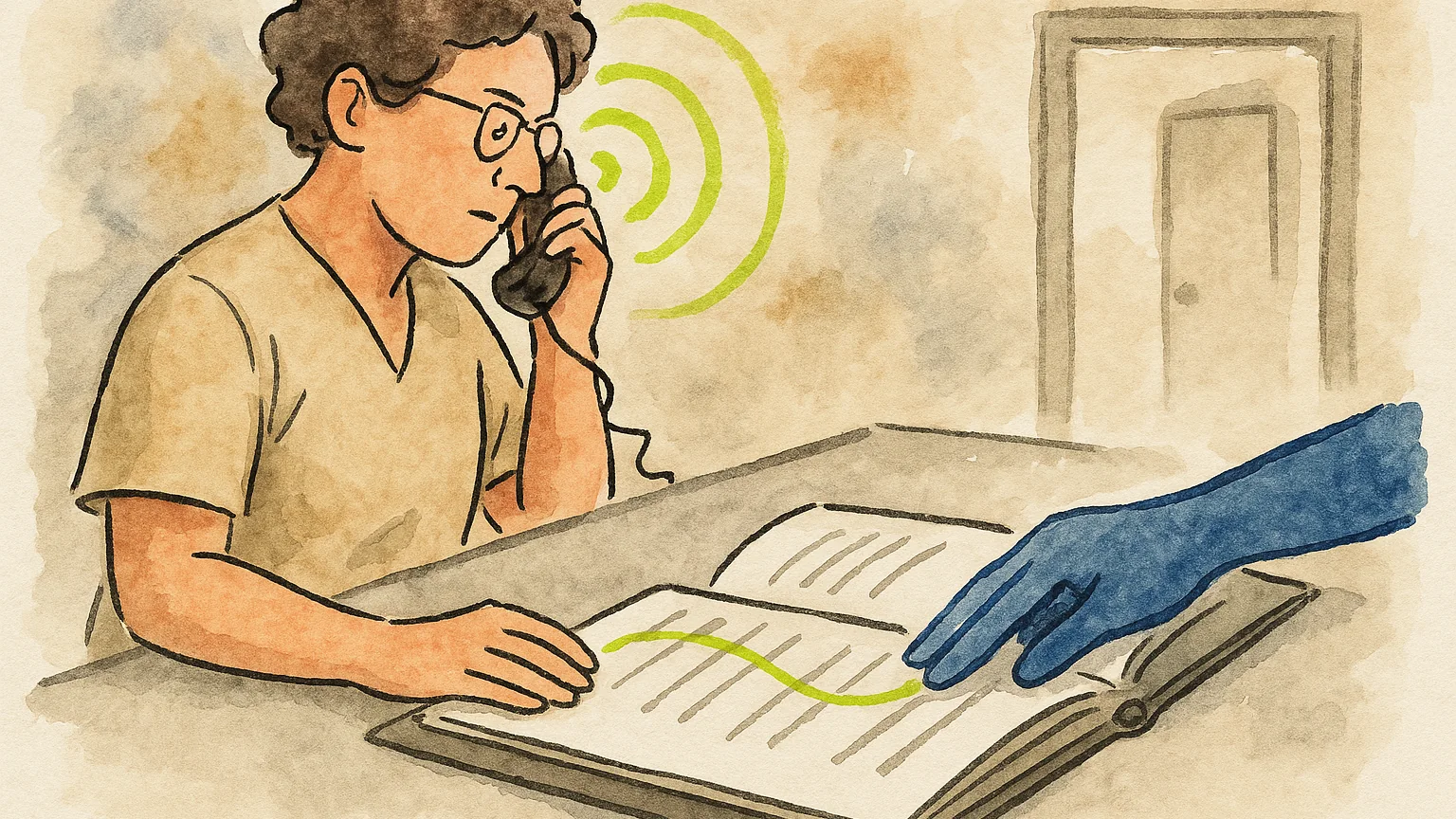 Illustration (watercolour + human moments): watercolour-and-ink illustration, a medical office staffer on the left at a counter with a phone to their ear, lime rings pulsing at the phone, a cobalt hand-trace following a printed line across an open protocol binder on the counter, an exam-room door visible in a soft wash background on the right