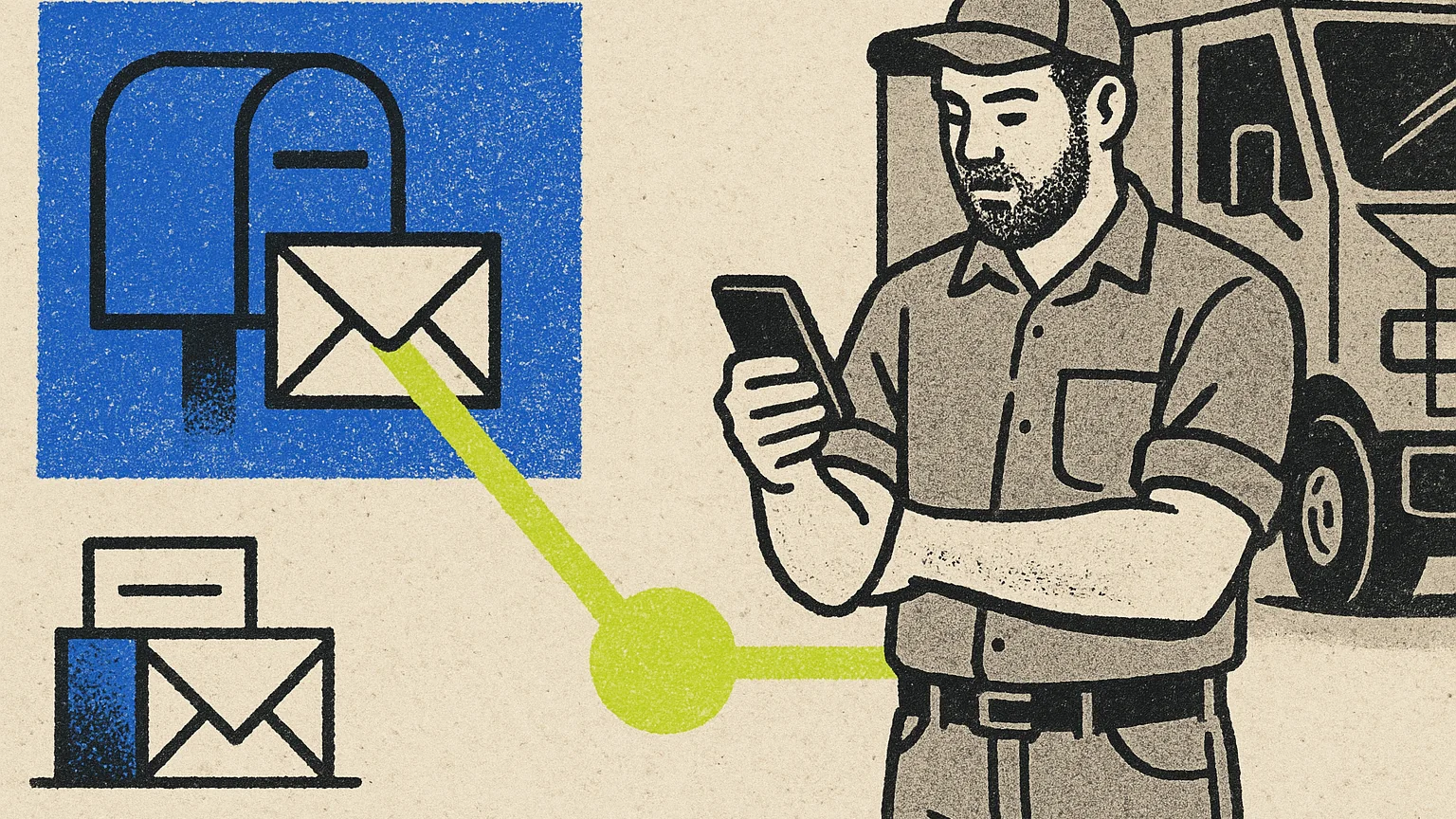 Illustration (risograph / screen print): risograph-poster composition, registration slightly off, a cobalt-blocked mailbox and envelope stack on the left, a lime line breaking away from it and crossing the frame to a phone in the hand of a trade owner standing by a truck on the right