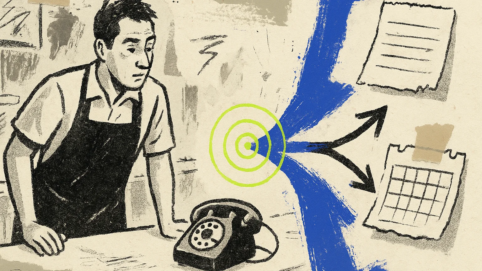 Illustration (editorial collage): editorial collage, a shop owner at a counter on the left glancing at a ringing phone, a lime routing line forking on the right into a torn scrap of notepaper, a forked arrow, and a torn calendar page, cobalt ink threading the three fork lines together, paper-grain ground throughout